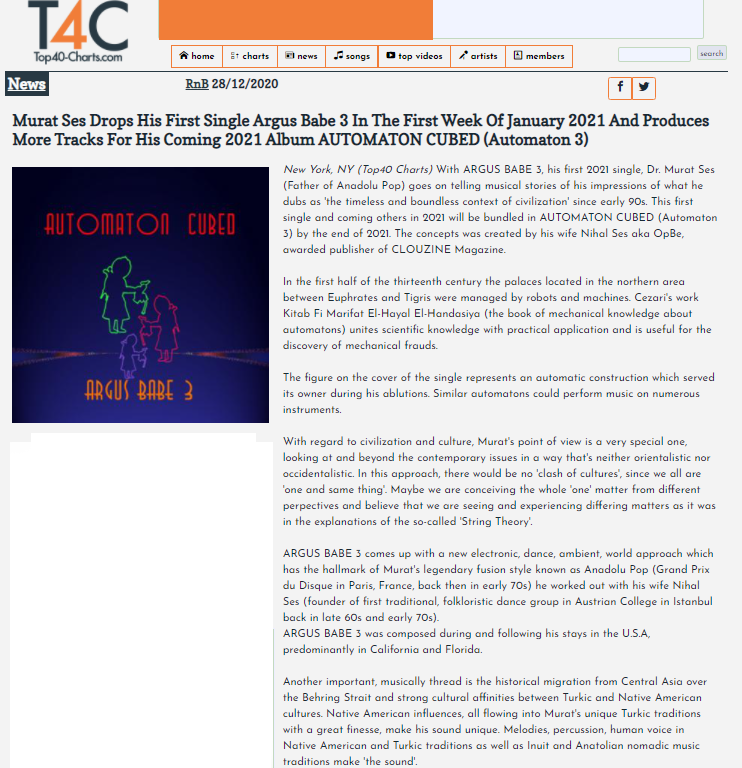 Feeling Great ! ! Awesome news for 2021 ! !
<a href="/MuratSes/">Murat Ses</a> Drops His First Single ARGUS BABE 3 in the First Week of January 2021 and Produces More Tracks for his coming 2021 album AUTOMATON CUBED 
(Automaton 3) <a href="/clouzine/">CLOUZINE™ Independent Online Music Publications</a>