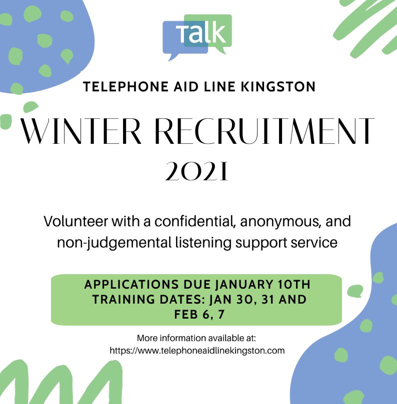 TALK is a crisis, distress, befriending, information &amp; listening service catering to the Kingston community. Especially now, many people benefit from talking. We are recruiting people who want to listen! If you’re interested, apply at telephoneaidlinekingston.com/volunteer