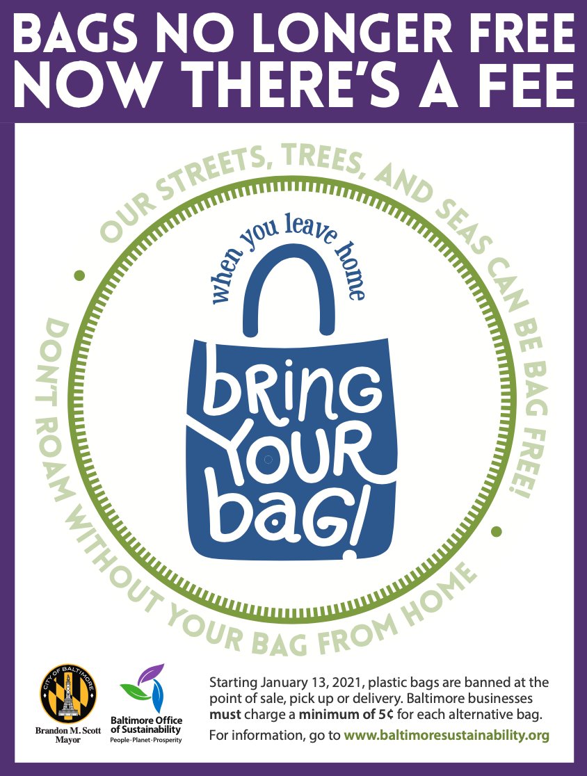 Starting January 13, 2021 plastic bags won't be available for free and there will be a 5 cent fee for bags in place of all stores! Make sure to purchase a reusable bag from a Pigtown business before then!⁠
⁠
#sustainbmore #Pigtown #Baltimore #PigtownMainStreet #MainStreet