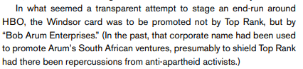 Re: Bob Arum's promotional tactics inciting African voodoo, the war on crime, and racial tension in apartheid South Africa.