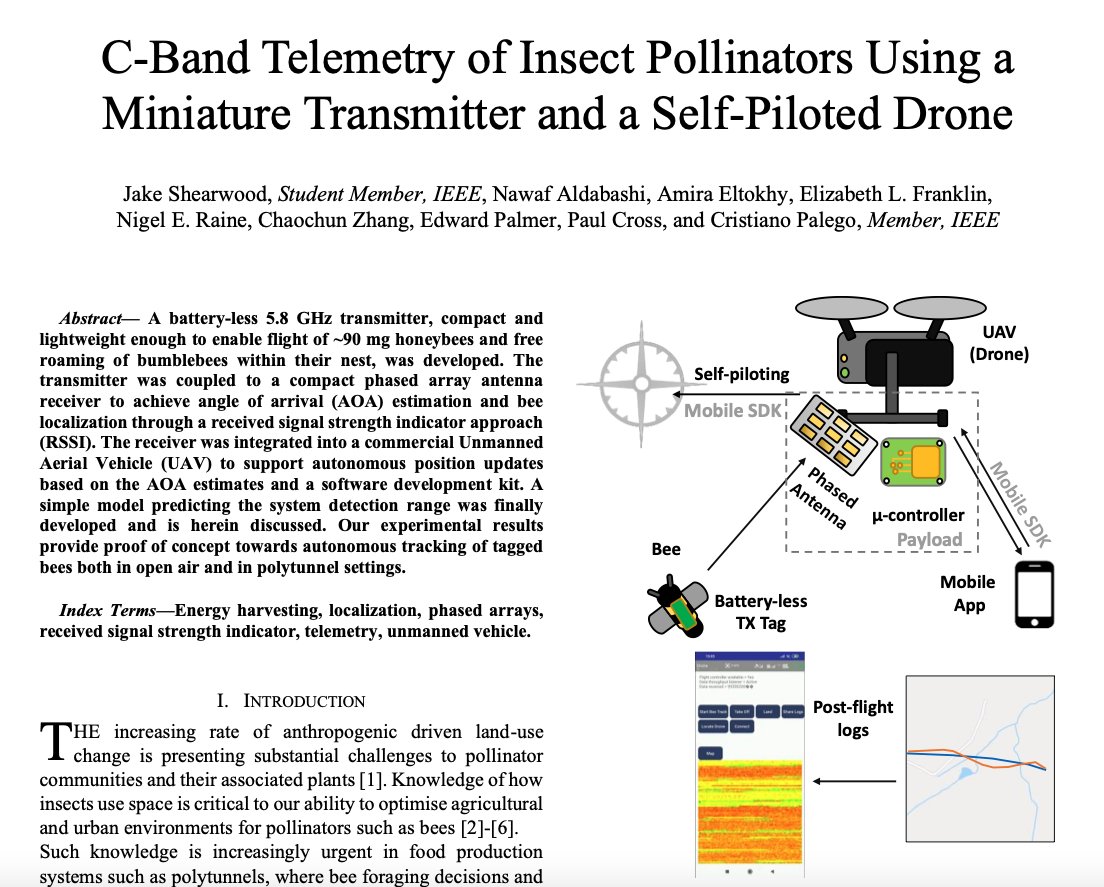 Results from  @DrLizFranklin1's work remotely tracking  #bees in collaboration with  @JakeShearwood  @CristianoPalego  @BangorApis et al was published on 22 Dec. Read more about this exciting research using UAVs and battery-less transmitters here https://research.bangor.ac.uk/portal/files/35824665/TMTT_2020_07_0802_PDF_file_2_.pdf  #pollinators