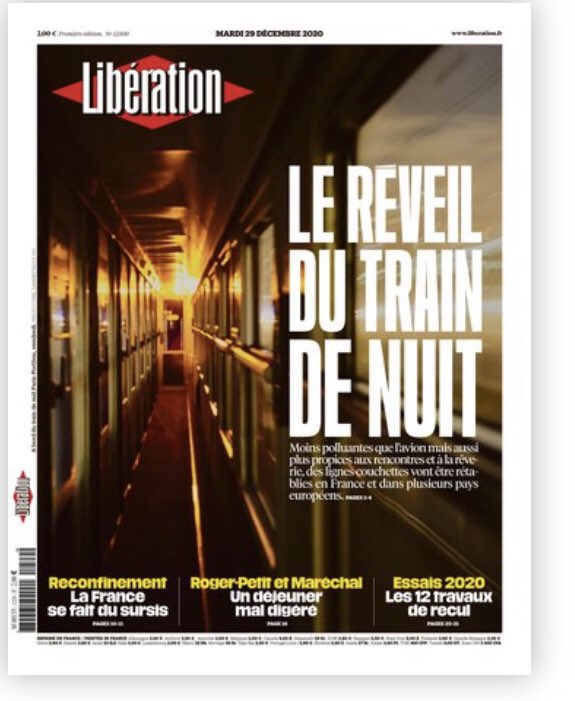 Victoire 💪🏽! La une de @Libe le réveil du train de nuit.Des années que je me bats tous les jours à la tête de la commission transports pour en faire une réalité.Alors que beaucoup de se moquer.Le train de nuit réduit l’impact climatique des déplacements de 800 km à + de 1200 km.