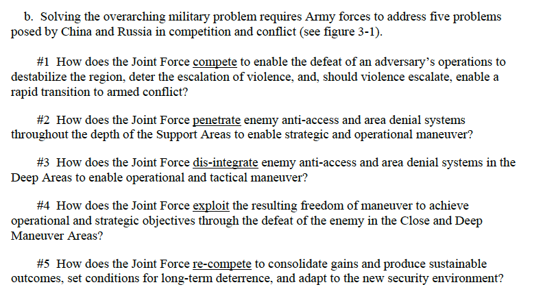 52. This makes more sense now. The Army wants to restore its liberty of action notwithstanding A2AD such that it can respond military to a fait accompli operation and, thereby, bolster America's conventional deterrence.