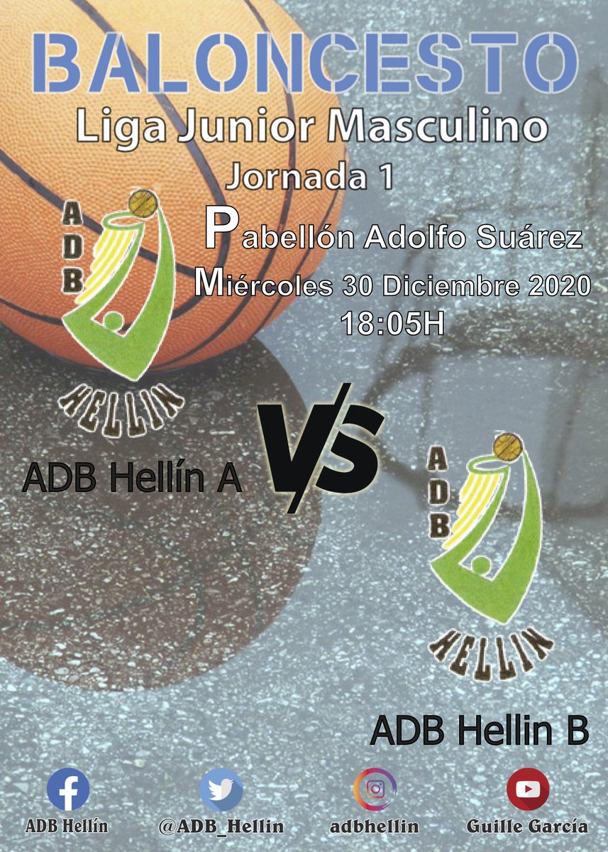 ADB_Hellin's tweet photo. #GameDay 🔥🔥
#ADBHellin "A" 🆚#ADBHellinn "B"
📆30/12/2020
⏰18:05H
📍Pabellón Adolfo Suárez
🏆J.1 Junior Masc. Zonal @fbclm (aplazada)
🟢Se permitirá la entrada de 200 aficionados
👉👉¡¡TE ESPERAMOS!! 👈👈
#basket #somos100x100ADB #goADB #LetsGo https://t.co/ZcdVahYxVM