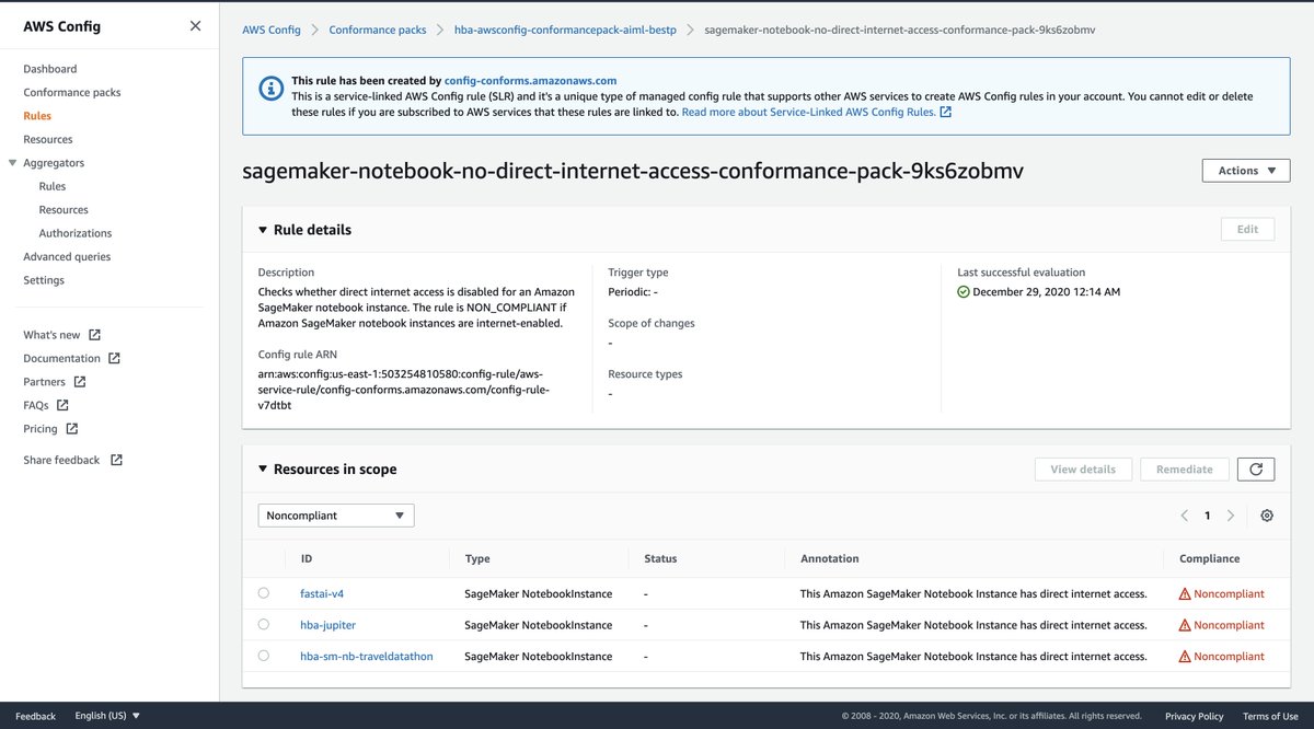 HBAkirmak's tweet image. I loved the conformance packs of #AWSConfig. It&apos;s a free lunch service to customers who&apos;d like to have continuous #compliance against best practices. Here&apos;s the AIML output for my account. My notebooks are internet accessible, my  S3 files are unencrypted etc. Great