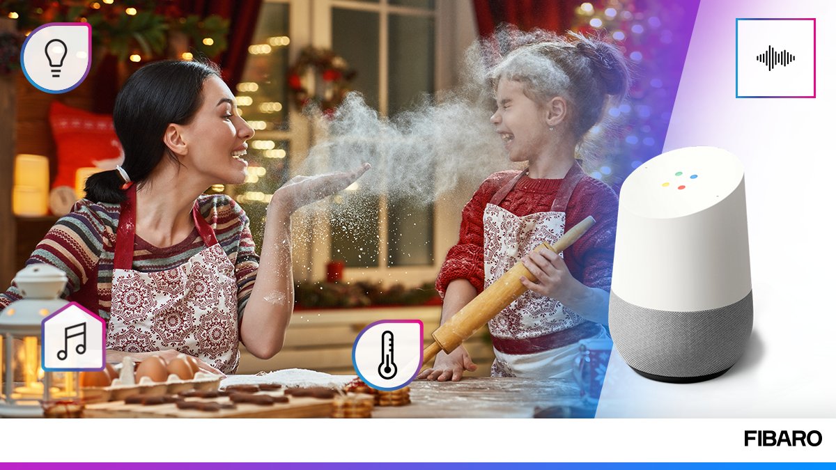 FibaroMex's tweet photo. Hacer galletas de pan de jengibre es una parte obligatoria de los preparativos navideños. Con las manos llenas de harina, solo tiene que decirle unas palabras a #GoogleAssistant para encender las luces, las decoraciones y la música navideña. https://t.co/s3qVoZLKKS