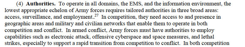 61. Here's the bit where TRADOC's calling for empowering lower echelons, though it doesn't say how low, to have greater authority to call upon combined and joint assets that normally it would not have access to, plus this all has to happen fast. C2 has to be flexible and adroit.