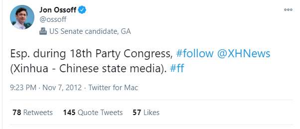 Just Jon Ossoff encouraging his Twitter followers to follow the Chinese Communist Party's state-run media. 

More evidence Ossoff is in the pocket of China.