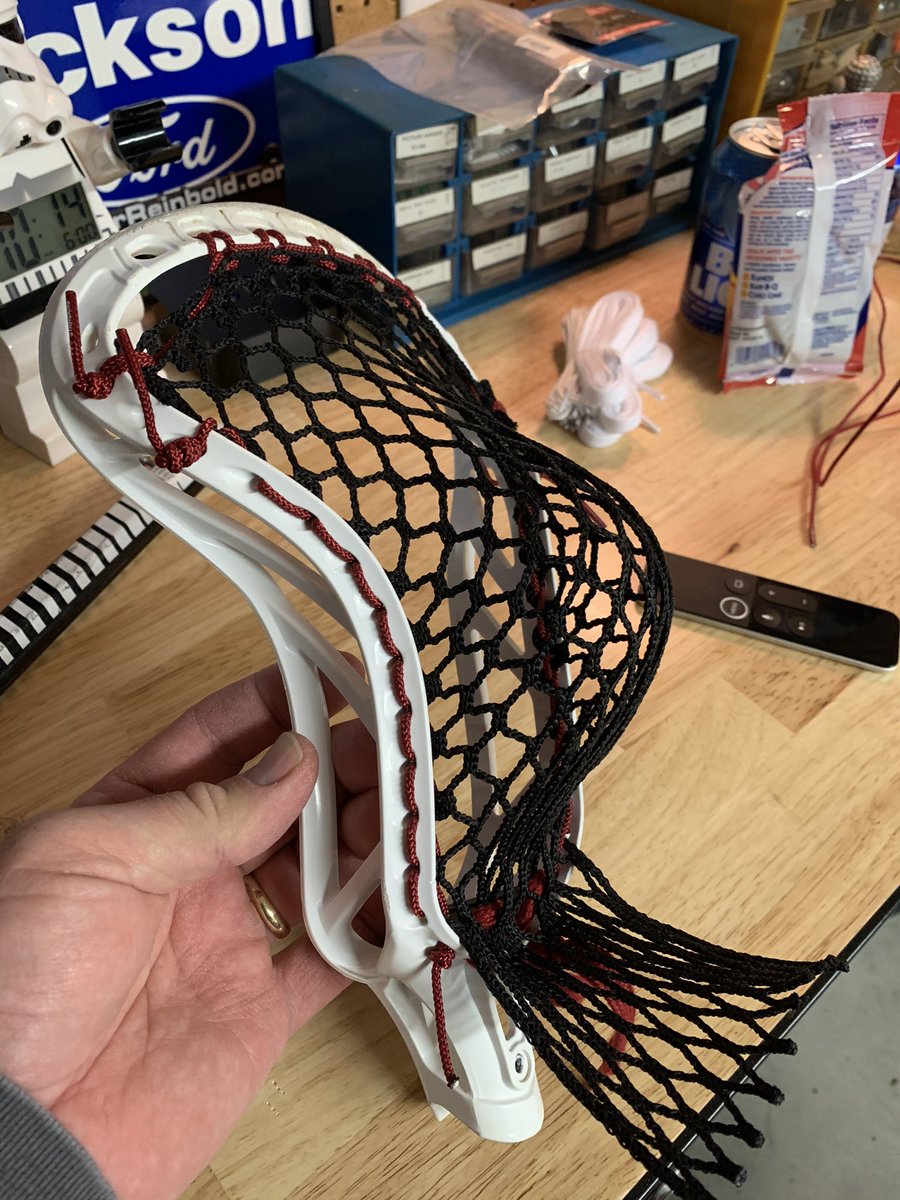 BradyJackson1's tweet photo. Just finished tying up my first lacrosse head “to the inside”. I think it turned out alright. Thanks to @SidewallJedi for the YouTube tutorial #lacrosse @stringersociety #froman https://t.co/UnqkPIx6Nu