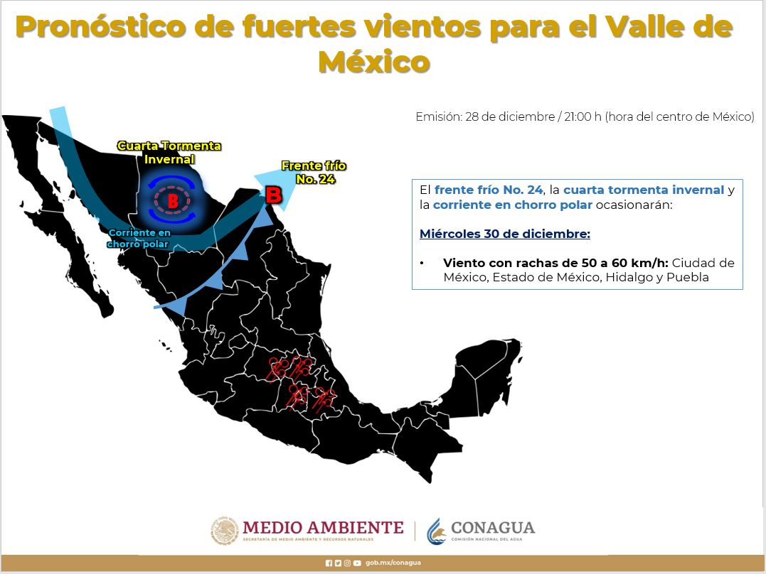 ⚠️El #FrenteFrío No. 24 y la Cuarta #TormentaInvernal de la temporada ocasionarán #Viento 🍃con rachas fuertes en gran parte de #México los días 29 y 30 de diciembre. Más información en los gráficos 👇