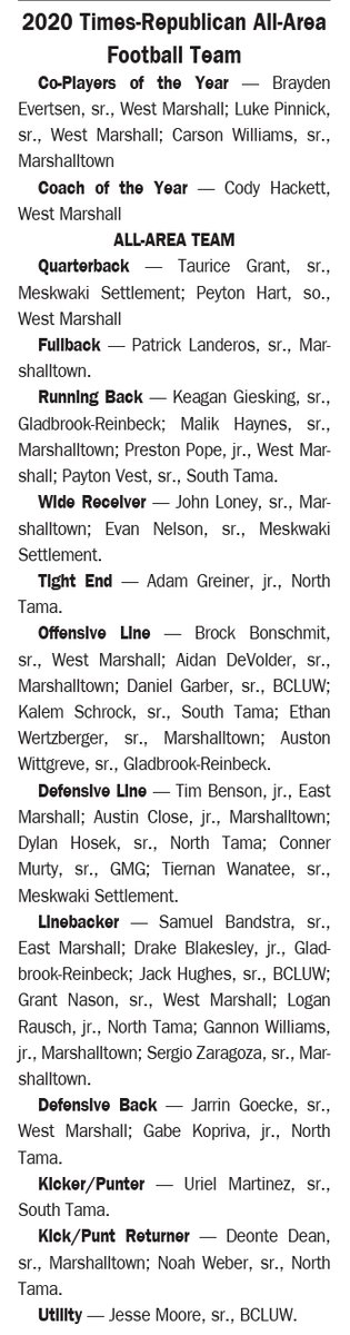 RossThedeTR's tweet image. The T-R's All-Area Football Team was led by a 3-headed monster, as @cwillic20 @luke_pinnick and @BraydenEvertsen shared Player of the Year honors. #iahsfb

Here's their stories: 
Williams: timesrepublican.com/sports/local-s…
Pinnick: timesrepublican.com/sports/local-s…
Evertsen: timesrepublican.com/sports/local-s…