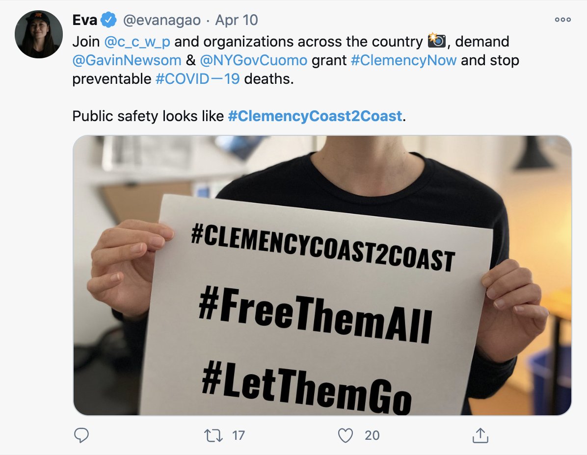 We also partnered with California partners  @CURBprisons for the  #ClemencyCoast2Coast campaign. Despite thousands of New Yorkers and people across the country tweeting photos of themselves demanding that Cuomo let people go,  @NYGovCuomo granted zero clemencies in Spring 2020.