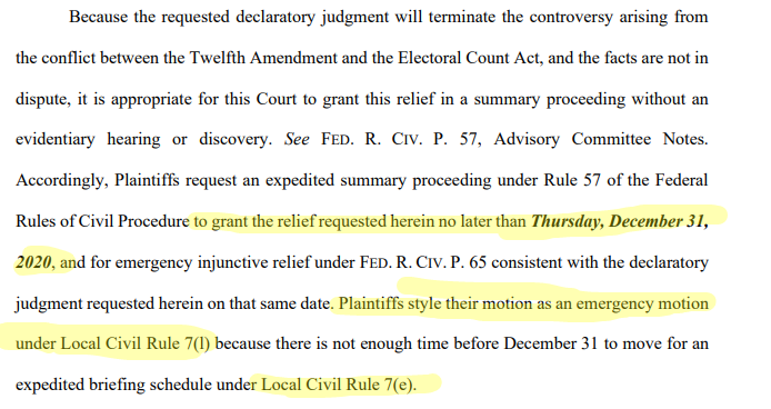 So first of all, let's see what they're asking for. An expedited decision on the case, and permanent injunctive relief (i.e. an order directing Pence how to act when counting electoral votes) and they want it by Thursday the 31st. The second two screenshots are the local rule