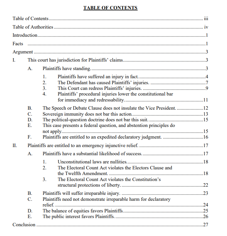 This is, however, a competent table of contents (though I'd have put subheadings in the "Facts" section). First addresses jurisdiction & standing, which is a clear issue and one the court has to find before it can reach the substance, then goes through the factors for injunctions