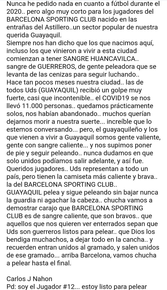 PARA LOS JUGADORES:

Estoy listo para pelear con Uds <a href="/BarcelonaSC/">BARCELONA S.C.</a> 
Vamos carajo... vamos a pelear hasta el final !! ⤵️⤵️