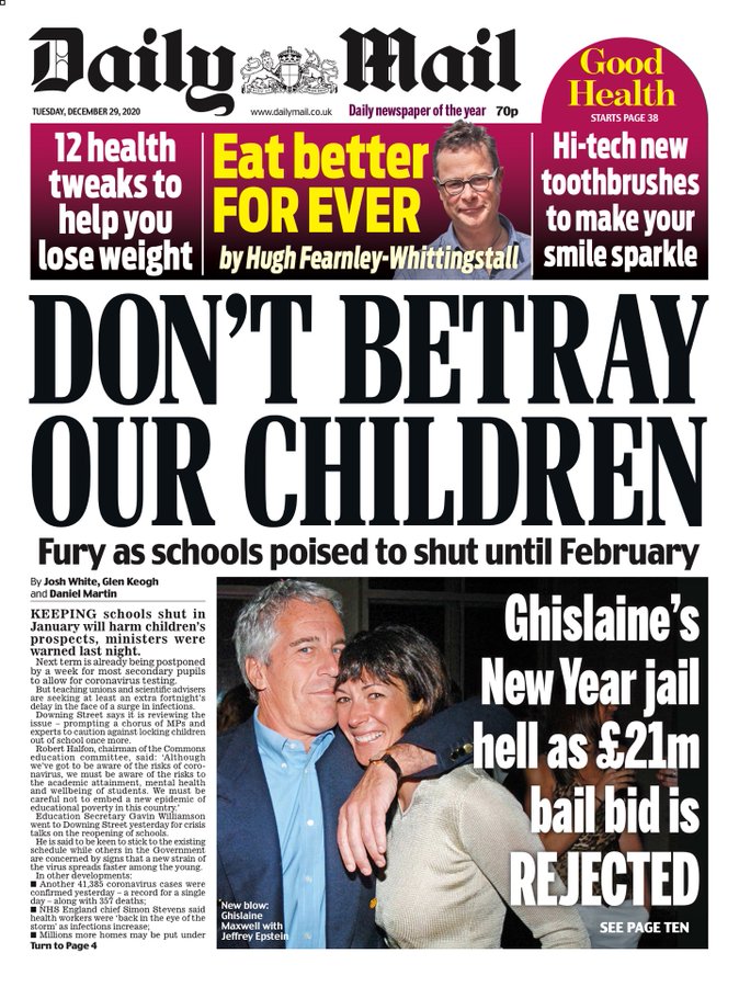 TOMORROW: We seem to be concerned about the welfare of children AND Ghislaine Maxwell, somehow.
#TomorrowsPapersToday
#DailyMailFrontPages