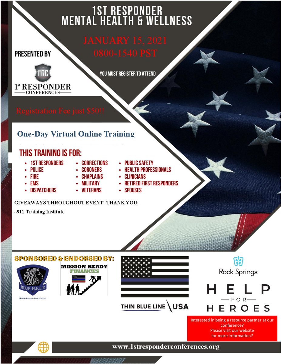 Still time to register for this #virtual #training event with <a href="/1stRCWellness/">1stRC-Wellness</a> &amp; @BlueHelpLE coming up on January 15, 2021. Don't miss out. Register here: lnkd.in/gVR_Ggs. #911 #dispatcher #911dispatcher #publicsafety #fireservice #EMS #lawenforcement #mentalhealth