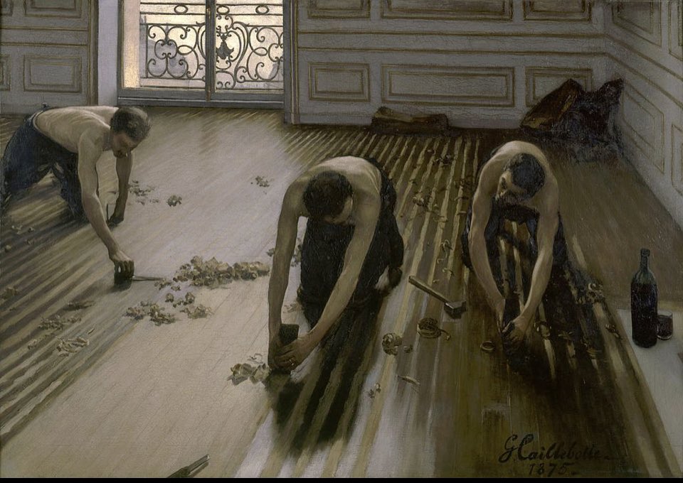 Caillebotte was a wealthy friend and patron of the Impressionists before they achieved mainstream success or recognition; he was also a brilliant artist in his own right, with an incredible eye for the sublime beauty of everyday scenes, including the work of these floor scrapers: