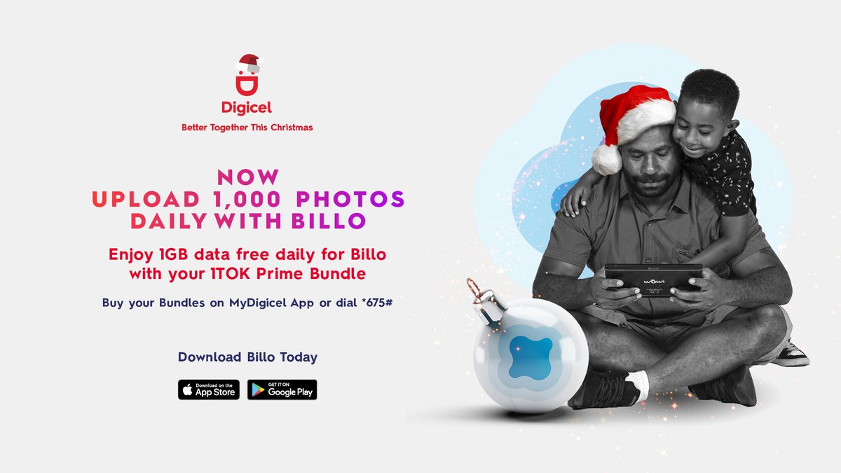 DigicelPNG's tweet image. Now you can keep all your precious memories without worrying about losing them. Get 1GB FREE Data daily for Billo when you buy a 1Tok Prime Bundle today. Download the Billo app from your Google or Apple Play store today.  #DigicelChristmas #UpgradeYourLife #MoreStorage