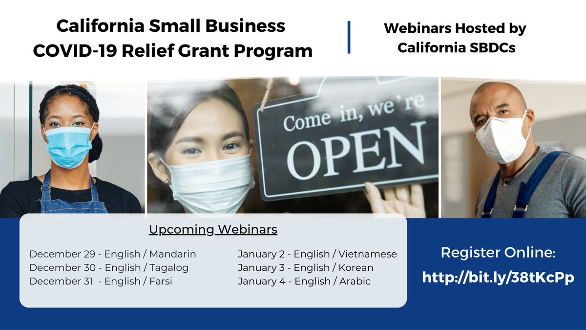 CaliforniaOSBA's tweet photo. Still have questions after visting https://t.co/C7pXvAxTEv? The California SBDCs are hosting webinars in multiple languages every day at 11:00AM PST to get you answers. Register online at https://t.co/Cbodj98IBk https://t.co/qL1CWx6Mo1