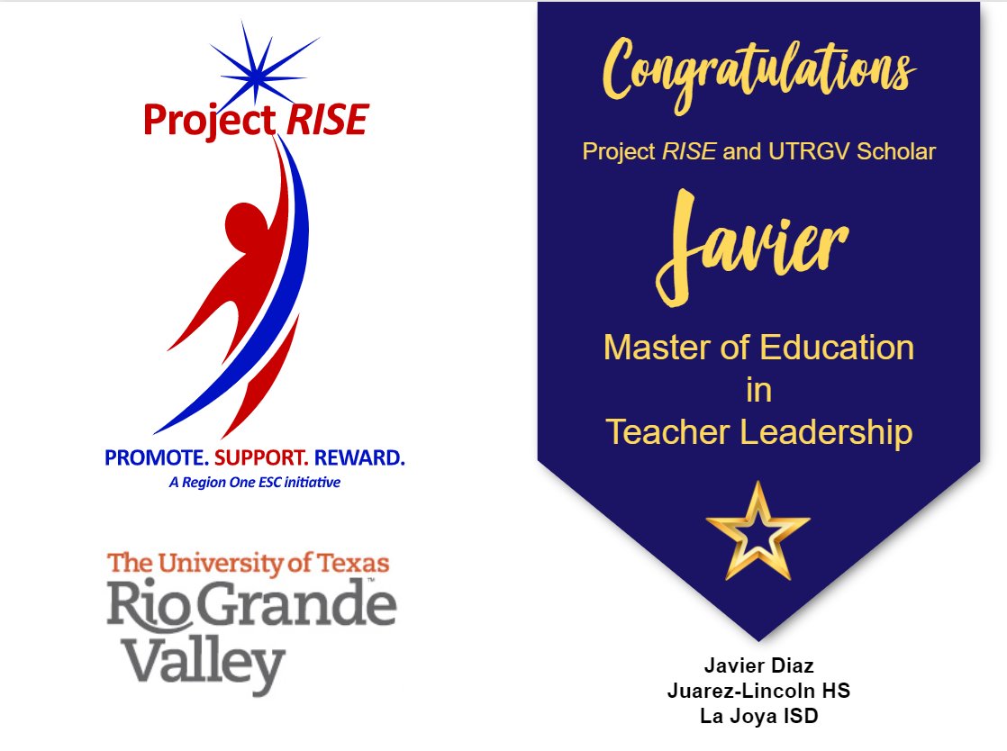 RegionOneESC's tweet photo. Celebrating the graduates of the Project RISE - UTRGV Master of Education in Teacher Leadership! Congratulations! 👏💐🌟

Javier Diaz
Juarez-Lincoln High School
La Joya ISD https://t.co/UnZr2FvAZ3