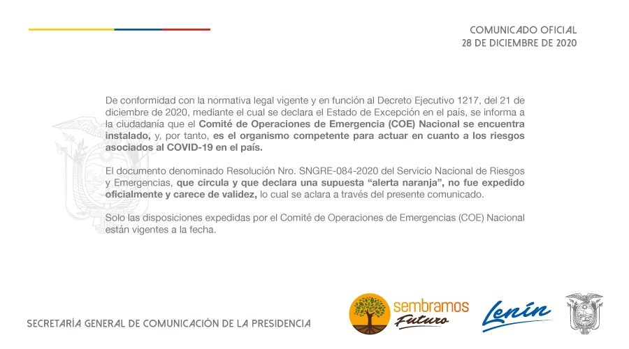 COMUNICADO OFICIAL | Documento denominado Resolución Nro. SNGRE-084-2020 de <a href="/Riesgos_Ec/">Riesgos Ecuador</a>, que circula y que declara una supuesta “alerta naranja”, no fue expedido oficialmente y carece de validez.