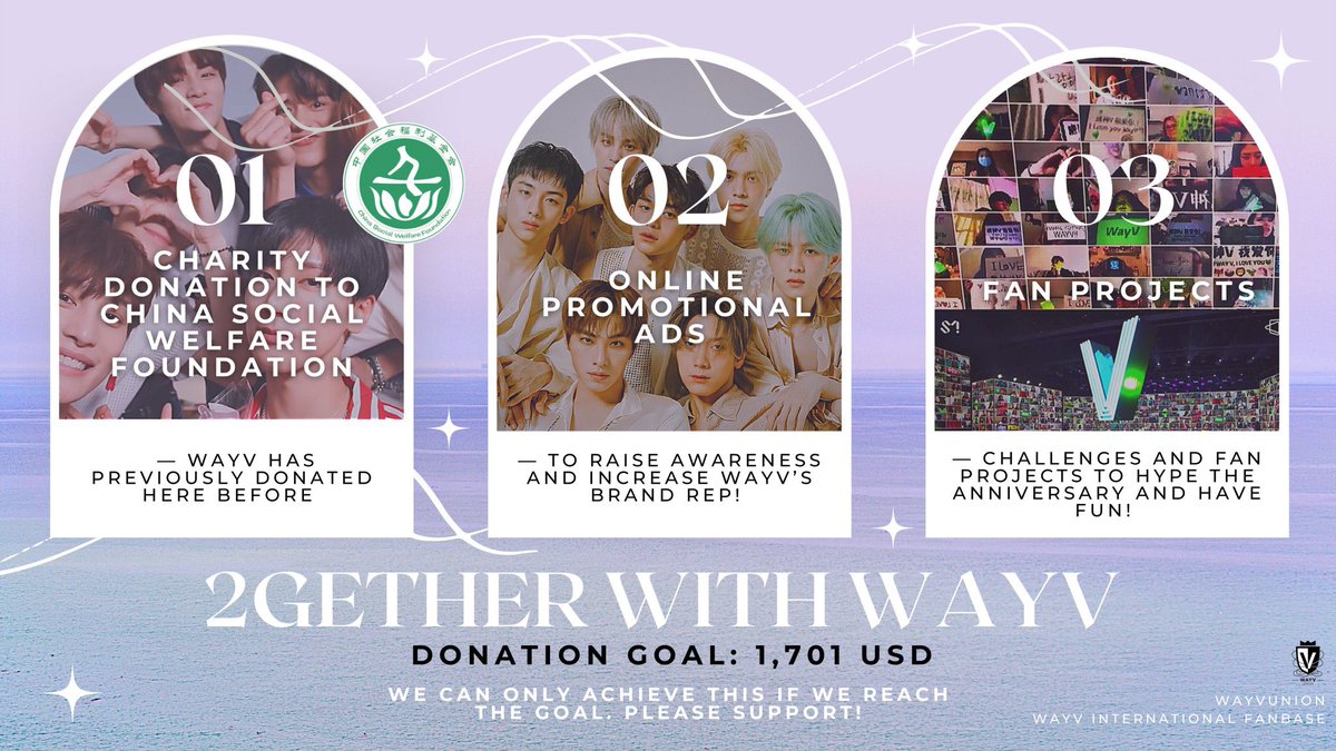 — #2GETHERWITHWAYV : WayV 2nd Debut Anniversary Project 

Here’s a closer look at our plans for the anniversary project! ❤️ 

Donation Links 🔗:  tinyurl.com/wayv2

#WAYV #WEISHENV #威神V #KUN #TEN #WINWIN #LUCAS #XIAOJUN #HENDERY #YANGYANG