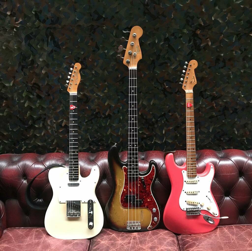 Three vintage Fender guitars. 1960, 1964 &  1958. #vintageguitar #vintageguitars #fender #fendertelecaster #fenderprecisionbass #fenderdtratocaster #vintagefender #theshadows #guitar #guitarist #guitarplayer #theatlantics