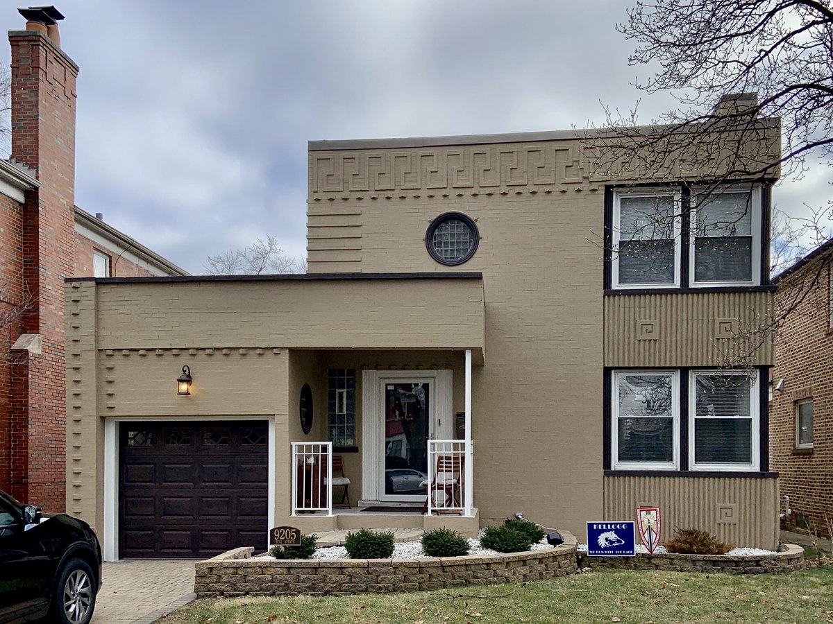 In (1939?), Carlson built this house in Beverly, where he + wife Bea lived for I don’t know how long. The Greek keys and the brick dots are great.   The homeowner kindly invited me inside,where she showed me some original curved walls are intact. No photos of the interior.