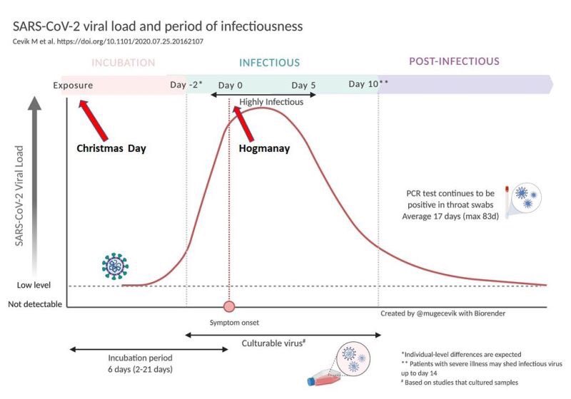 TracyD_PH's tweet image. This is a brilliant illustration by @mugecevik This shows that if you mixed on Christmas Day and have been exposed to Covid, you may not know you have it, but will be most infectious NY eve/day. Limiting human contact will stop the spread. Protect each other #nopartiesthisyear