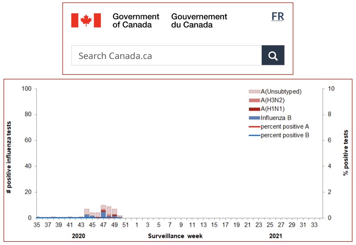 13/ And here is the prevalence of influenza for 2020-2021. Apparently, the flu has completely disappeared in Canada  #COVID19  #Coronavirus  #lockdown  #science  #data  #Canada  #Ontario  #cdnpoli  #onpoli  #virus  #seasonality
