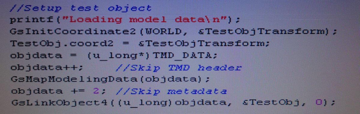 It's a bit convoluted since we don't have any data loading routines yet (or any blank CDs to burn data...) so I'm shoving the model data directly into memory using a utility provided by SIOCON to put arbitrary data in arbitrary memory over serial. We then just map the model data: