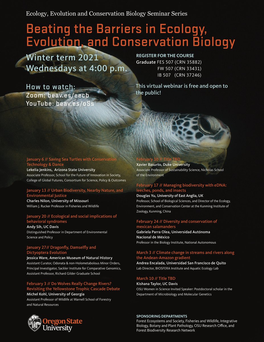 taaltree's tweet photo. Beating the Barriers in Ecology, Evolution, and Conservation Biology seminar, free and open to the public

Exciting lineup beginning Jan 6 with Dr. Lekelia Jenkins, and including @micheltkohl, @insectsoup, and Women in Science invited speaker @KYT_ThatsME

Wednesdays 4pm Pacific https://t.co/ILHjvF8msc