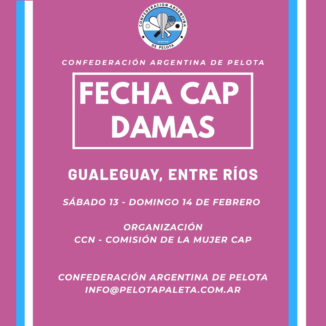 PRIMER TORNEO NACIONAL DE DAMAS, GUALEGUAY 2021

Queremos que este 2021 sea un año diferente, por eso lo estamos programando distinto. En FEBRERO realizaremos en Entre Ríos concretamente en Gualeguay, el Primer Torneo Nacional de Damas organizado por la CAP.