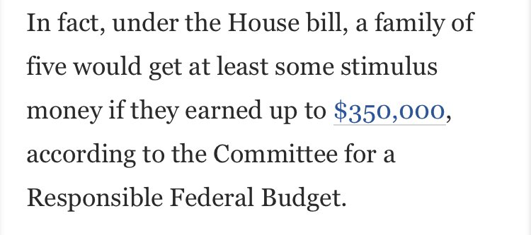Tucked away in this (entirely worthwhile) WaPo piece is a nugget that would surprise and probably tick off a lot of big check proponents. Phase-out formula means you'd have the top 10 percent of earners getting significant checks.  https://www.washingtonpost.com/opinions/2000-vs-600-stimulus-payments-isnt-the-real-issue/2020/12/28/a870d838-4945-11eb-a9f4-0e668b9772ba_story.html