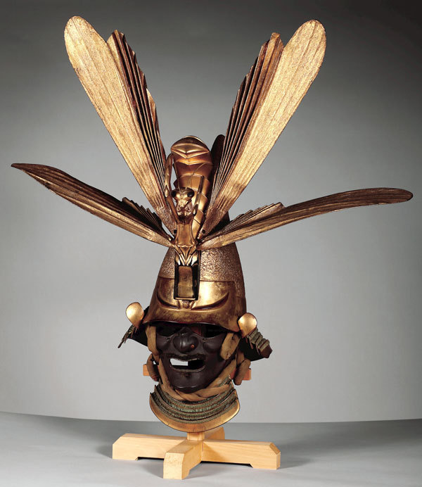 An eboshi-shaped kabuto (helmet) with maedate (crest) in form of a mantis, Edo period, 17th century, Iron, lacquer, cord, silk, wood, gold, and papier-maché