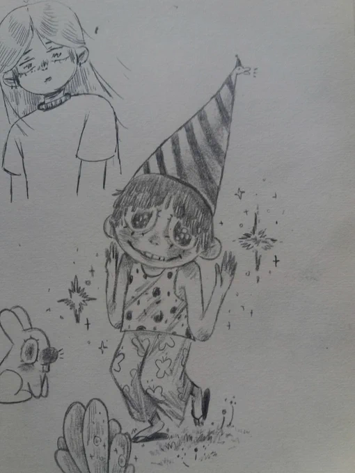 Some pencil pieces. 

I've always been into characters in party hats. There is something so whimsical but also so culty about it. Whimsical and culty are two of my faved though lolsk. Anyway that's it so far. 