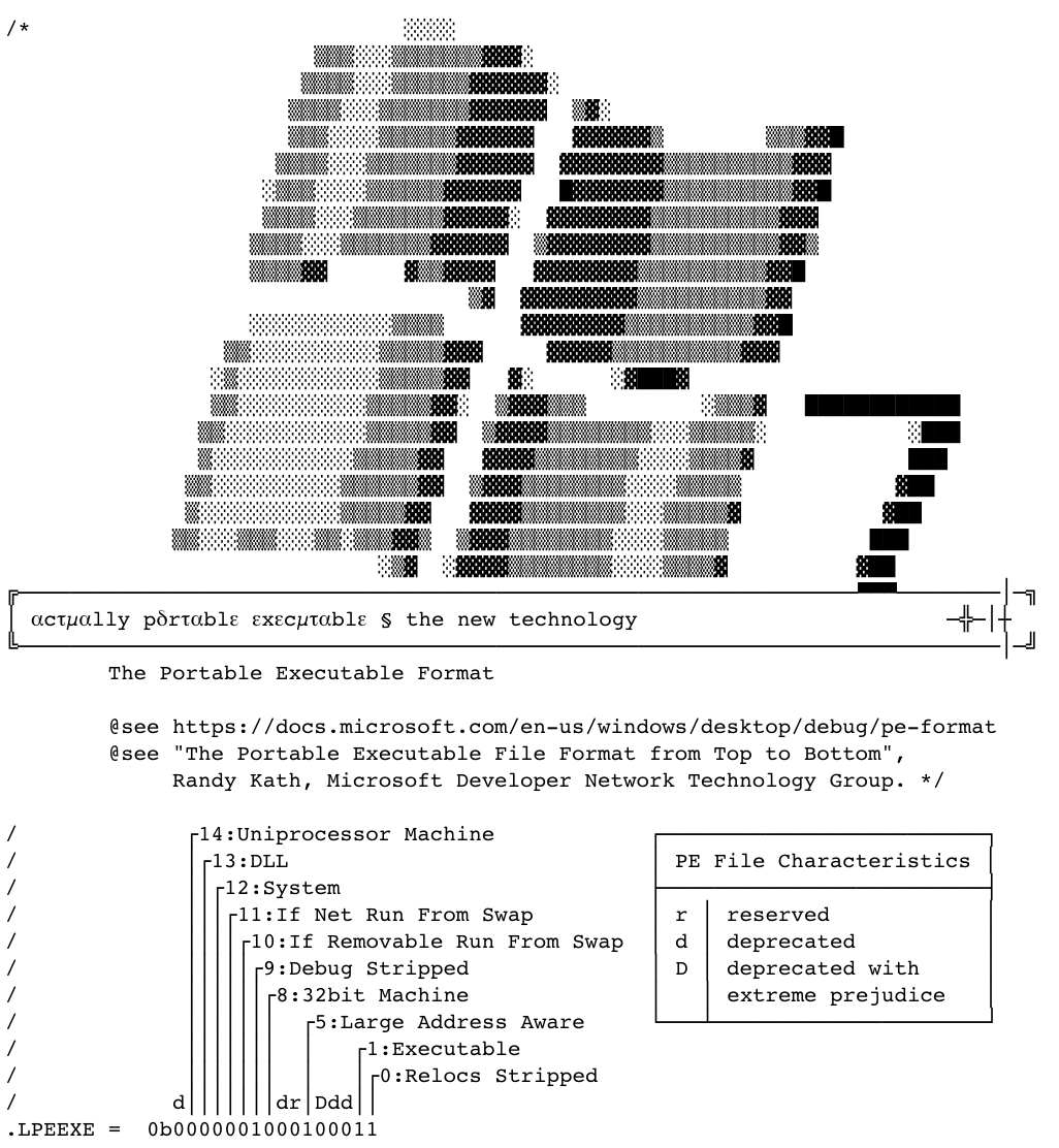 angealbertini's tweet image. Amazing work!
The Actually Portable Executable by @JustineTunney
A PE/ZIP/SH(ELF/MachO) polyglot.
Very well documented and decorated source.