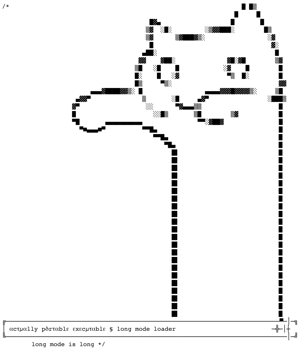 angealbertini's tweet image. Amazing work!
The Actually Portable Executable by @JustineTunney
A PE/ZIP/SH(ELF/MachO) polyglot.
Very well documented and decorated source.