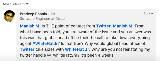 minimalism2o2o's tweet photo. @manishm It sure is! 
As MD of Twitter India, can you please help to revoke the suspension of Mr. Poonia's Twitter Account (@whitehatsnr). You have been tagged multiple times on LinkedIn but you don't seem to have checked the feed. 
@malpani @IamLindaAshok 
#whiteHatJrScam #twitter https://t.co/sYJ4IcOzSd