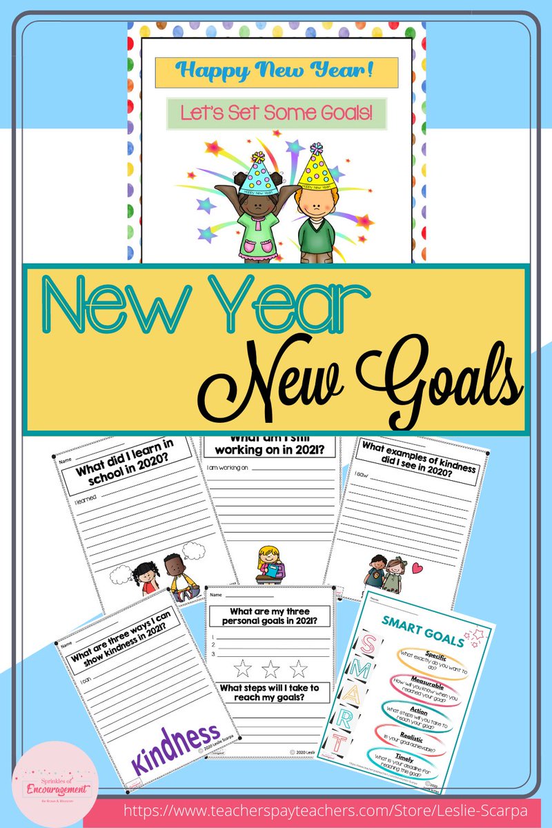 New year goal setting. Get ready to help your students reflect &amp; plan for 2021. Fun, engaging printables.  #teachers Happy New Year! Let's Set Some Goals by Leslie Scarpa Sprinkles of Encouragement on Teachers Pay Teachers
 teacherspayteachers.com/Product/Happy-…