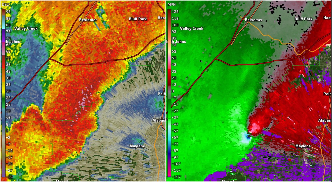 Come to the next day, and tornadoes are continuing across Dixie Alley. This monster mile-wide wedge roared through a forest near Alabaster, downing hundreds of trees along a major, wide swath. Although rated EF2, it was likely higher in intensity based on the radar signature
