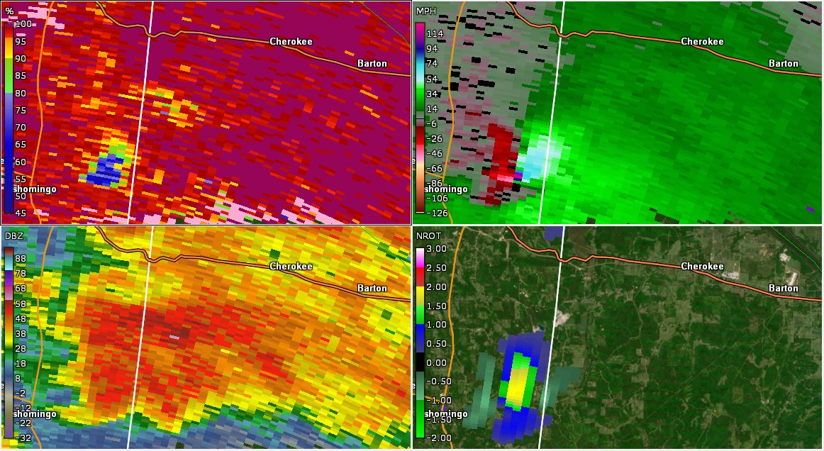 The first TORE of 2020 was brought by this supercell on March 24th, 2020, producing a large and strong wedge EF1 tornado that barely moved north of Tishomingo, producing very significant tree damage, significant enough to leave a visible scar on satellite imagery