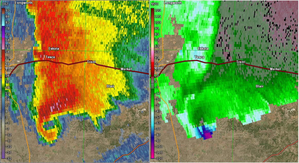 Come to Texas on March 19th, 2020 and a very intense velocity couplet can be observed in the Mulberry Canyon area with an EF2 tornado. The ground was scoured, trees debarked despite being in rural areas, this tornado was likely EF3+