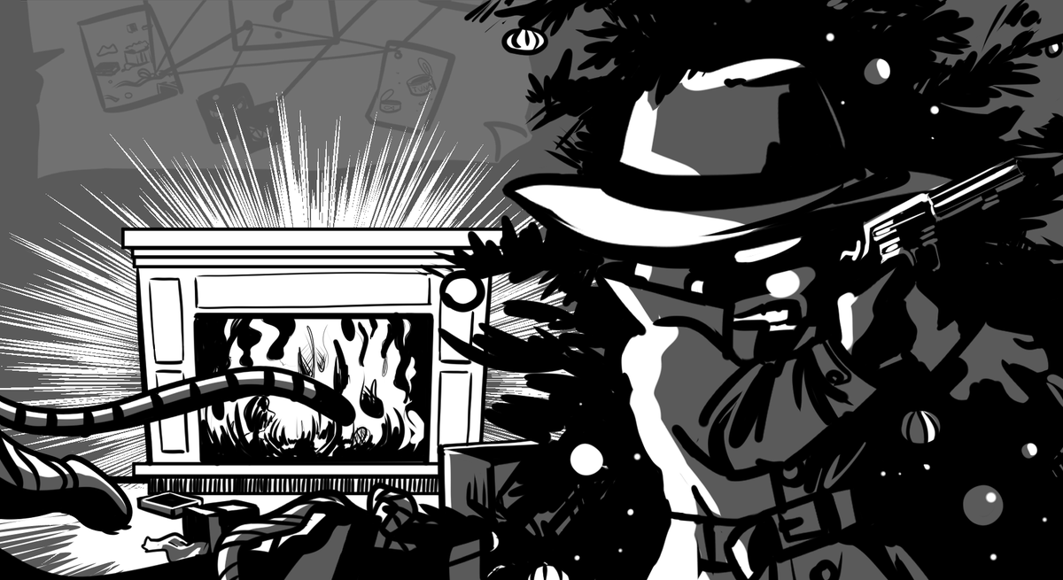 Iffycreature's tweet photo. Winter art exchange piece I did! They asked for a Tracer Bullet (from Calvin and Hobbes) holiday crime scene. https://t.co/t3HkL1HTFD