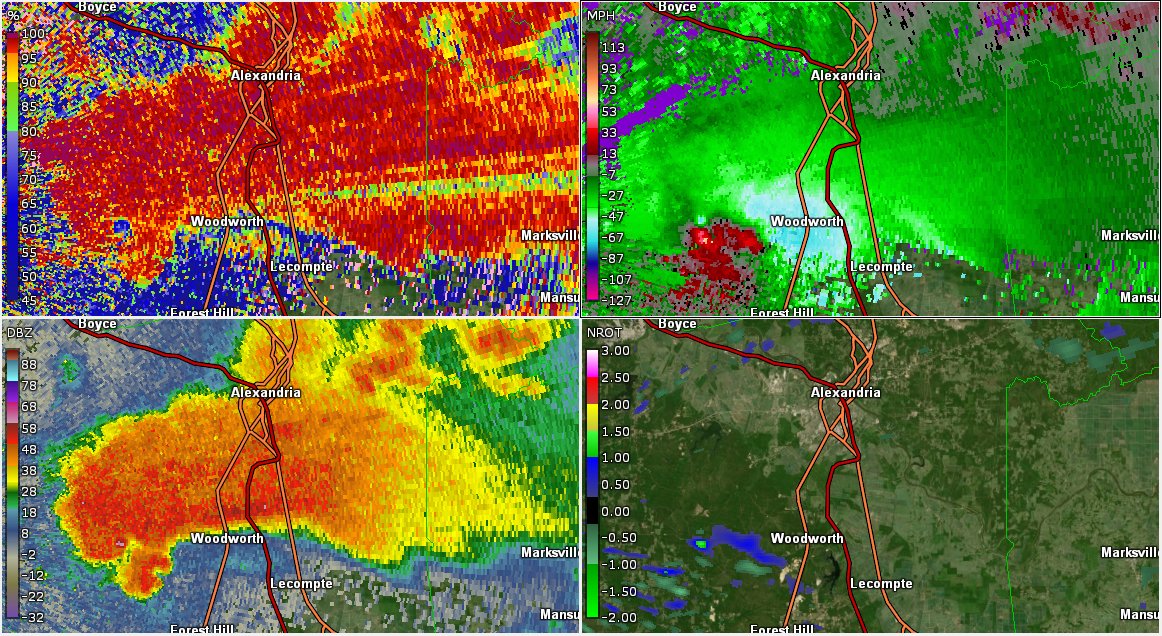 The same supercell dropped two more EF2 tornadoes. The first one downed trees northeast of Elmer, LA at EF2 strength. The second one directly hit LSUA University (SW of Alexandria, LA), killing 1 in a mobile home.