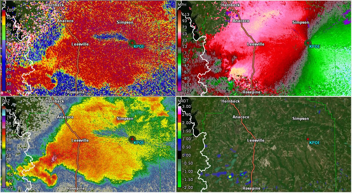 While hype expert and epic weenie (at the time) Oakhurst was screeching about the TORE for Jasper, the rotation actually passed aloft over town. However, that didn't last too long, as another long-tracked and intense tornado downed millions of trees in south Texas and Louisiana