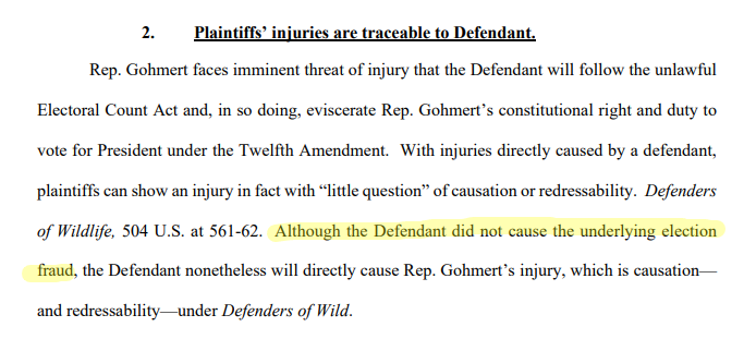 Now on to injury being caused by Pence. Gohmert's argument is actually fine, if he had any personal rights to validate (he doesn't). But these Arizona Electors? Cuckoo for cocoa puffs