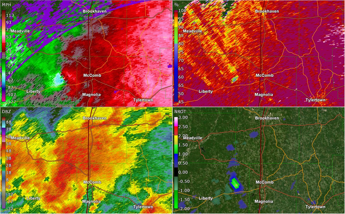 In southern Mississippi (again), on April 23rd, these two strong tornadoes touched down, mowing down hundreds of trees. One of them passed very close to the track of the Bassfield, MS EF4, and was also over a mile wide.