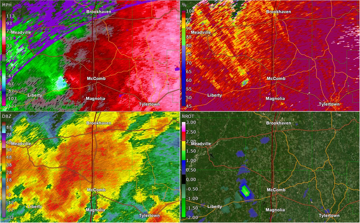 In southern Mississippi (again), on April 23rd, these two strong tornadoes touched down, mowing down hundreds of trees. One of them passed very close to the track of the Bassfield, MS EF4, and was also over a mile wide.
